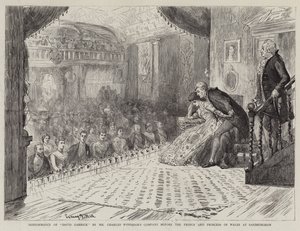 Performance de David Garrick, da companhia de Charles Wyndham, diante do Príncipe e Princesa de Gales, em Sandringham de Sydney Prior Hall