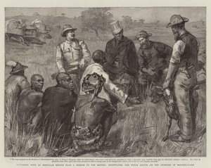 Retornando com os Enviados de Lo Bengula de uma missão para os britânicos, propiciando o Witch Doctor na Fronteira de Matabeleland de Sydney Prior Hall