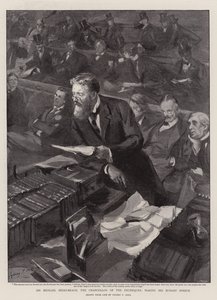 Sir Michael Hicks-Beach, o chanceler do Tesouro, fazendo seu discurso de orçamento de Sydney Prior Hall