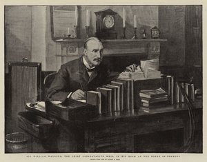 Sir William Walrond, o chefe dos chicotes conservadores, em sua sala na Câmara dos Comuns