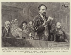 A Conferência do Instituto dos Jornalistas em Londres, M Emile Zola, lendo seu artigo sobre L&39;Anonymant na Presse em Lincoln&39;s Inn Hall de Sydney Prior Hall