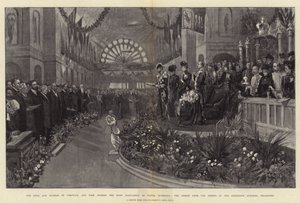 O Duque e a Duquesa da Cornualha e York abrindo o Primeiro Parlamento da Austrália Unida, a Fala do Trono no Edifício da Exposição, em Melbourne de Sydney Prior Hall