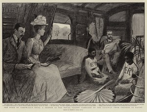 A turnê do Duque de Cornwall, um esboço na carruagem do Royal Saloon na ferrovia de Colombo para Kandy de Sydney Prior Hall