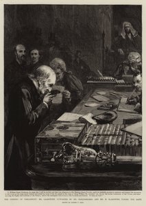 Abertura do Parlamento, Gladstone, apoiada por Marjoribanks e H Gladstone, prestando juramento de Sydney Prior Hall