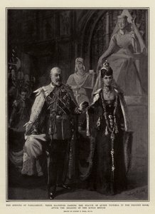 A Abertura do Parlamento, Suas Majestades passando a Estátua da Rainha Vitória na Sala do Príncipe, após a Leitura do Discurso do Rei