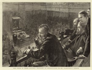 Os colegas em sua galeria, observando uma interrupção no discurso do Sr. Gladstone de Sydney Prior Hall