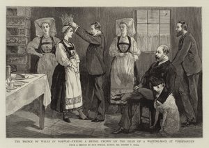O Príncipe de Gales na Noruega, tentando uma coroa nupcial na cabeça de uma empregada de mesa em Vossevangen de Sydney Prior Hall