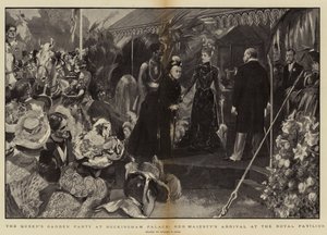 Festa de jardim da rainha no Palácio de Buckingham, chegada de Sua Majestade no Royal Pavilion de Sydney Prior Hall
