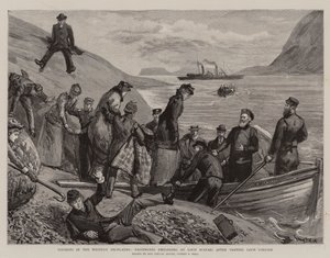 Turistas nas terras altas ocidentais, passageiros que embarcam em Loch Scavaig após ter visitado Loch Coruisk de Sydney Prior Hall