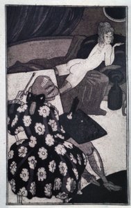 Erotismo: Giacomo Casanova (1725-1798) retratando a sua amante alongada languidamente nua num sofá (gravura)