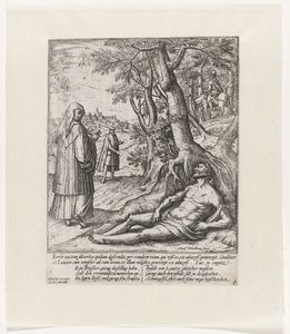 Um padre e um levita passam e deixam o viajante ferido deitado
Parábola do Bom Samaritano (título da série) de Symon Novelanus