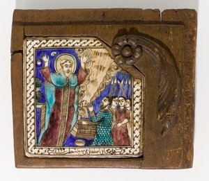 Uma telha de cerâmica síria datada e assinada, pintada em managanese, azul e marrom, datada de 1699, 1699 de Syrian School