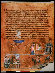 Página inteira: texto e miniatura: Jacob, sob a ordem de Deus, retira os ídolos (miniatura) de Syrian School
