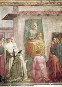 São Pedro no trono, da Ressurreição do Filho de Teófilo, e São Pedro, entronizado como primeiro bispo de Antioquia, c.1427 e c.1484-85 (detalhe de 63302) de Tommaso Masaccio