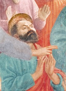 A cabeça de São Paulo, do Raising do Filho de Theophilus, e St. Peter entronizado como primeiro bispo de Antioquia, c.1427 e c.1484-85 (detalhe de 63302) de Tommaso Masaccio