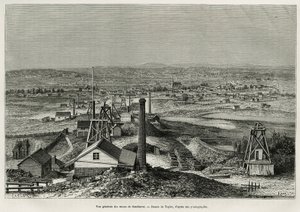 Vista geral das minas de Sandhurst, gravada após um desenho de Taylor, para ilustrar a história seis meses na Austrália, por Desire Charnay, missão do Ministério da Educação Pública, em 1878, publicada no tour du monde, sob a direção