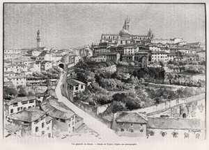 Vista geral de Siena (Itália). Gravura de Taylor para ilustrar a história "A travers la Tuscane" de Eugene Muntz (1845-1902), em Le tour du Monde 1892, dirigido por Edouard Charton (1807-1891), Hachette, Paris. de T Taylor