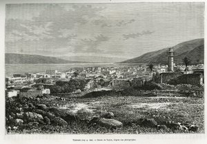 Vista geral de Tiberiade (Israel). Gravura de Taylor, para ilustrar a história da Síria de hoje, de M. Lortet, reitor da Faculdade de Medicina de Lyon, encarregado de uma missão científica pelo Ministério da Educação Pública, publicada no Tour du monde, de T Taylor