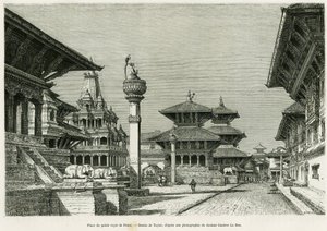 Lugar do Palácio Real de Patan (Presente Lalitpur). Gravura de Taylor para ilustrar a história Voyage au Nepal, do Dr. Gustave Le Bon (1841-1931), em le tour du monde 1886, dirigido por Edouard Charton (1807-1890), Hachette, Paris.