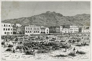 A marcha de Aden (Iémen). Gravura de Taylor, para ilustrar a história "Viagem a Benadir, Somalis e Bayoun", em 1882- 1883, de M.G.Revoil. Publicado em Le Tour du monde, nouveau journal des voyages.