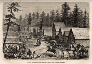 A estação de Cisco, Conde de Placer (Nevada), onde se pode apanhar o comboio expresso da Pacific Railway (Pacific Railway), gravada após o desenho de Taylor, ilustrando a viagem de Washington a São Francisco em 1868, por L. Simonin, publicada em "L de T Taylor