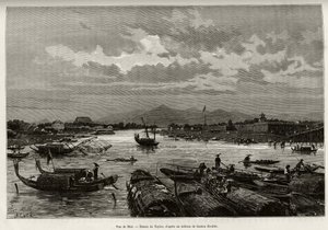 Vista de Hue (Vietnã), com descrição da navegação no rio Song Huong e Thien Mu Pagoda, atrás dos muros perimetrais. Gravura de Taylor, para ilustrar a história "Trente mois au Tonkin" do Dr. Charles Edouard Hocquard (1853-1911), em 1885, em