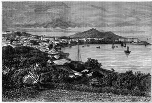 Vista da Baía de Macau. Gravura após um desenho de Taylor, em "Le Tour du Monde, Nouveau journal des Voyages", editado por Edouard Charton, Paris