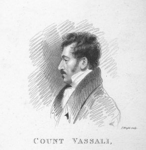 Conde Vassali, esboçado por A. Wivell na Câmara dos Lordes, 1820.