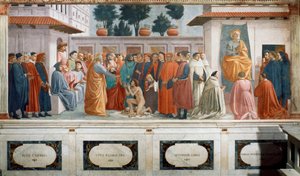 A Ressurreição do Filho de Teófilo, o Rei de Antioquia, e São Pedro Entronizado como Primeiro Bispo de Antioquia, c.1427 e c.1480 (fresco) de T. Masaccio, F. Lippi