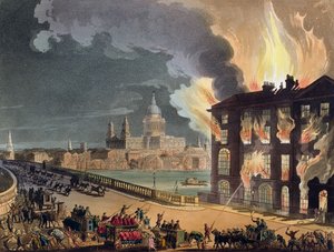 Incêndio em Albion Mill, Blackfriars Bridge, do "Microcosmo de Londres" de Ackermann, c.1808-11 (aquatint)
