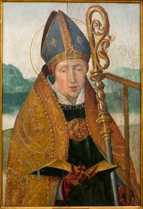Saint Blaise - Pintura da oficina de Frei Carlos (pintor flamengo ativo entre 1517 e 1544), óleo sobre madeira, cerca de 1530 (St Blaise, da oficina de Frei Carlos (ativo entre 1517-1544), óleo sobre painel, cerca de 1530 ) - Musée d