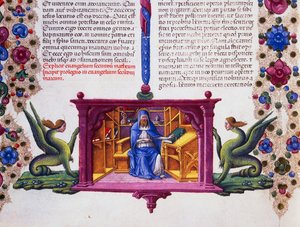 Friso de fronteira ao pé da página com São Mateus Evangelista, Volume II f 148, v, Bíblia de Borso d