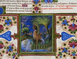 Friso de fronteira ao pé da página com animal monstruoso na paisagem, Volume II, f 207, v, Bíblia de Borso d