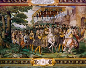 Francisco I dá as boas-vindas a Carlos V e ao Cardeal Alessio Farnese em Paris, por Taddeo Zuccari (1529-1566), Palazzo Farnese, Caprarola, Itália