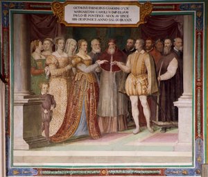 Itália, Região Lazio, Caprarola (Província de Viterbo), Palácio Farnese, Casamento de Ottavio Farnese com Margaret da Áustria por Taddeo Zuccari, afresco