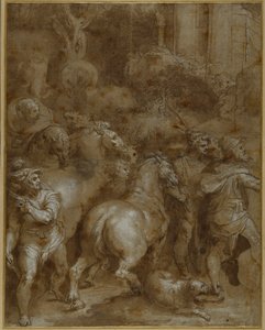 Cavalos e homens, virados para a direita (caneta e tinta castanha com lavagem e cor do corpo branca sobre papel)
