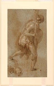 Soldado Correndo: Estudo para Figura em Primeiro Plano Esquerdo, "Traição de Cristo", Roma, S. Maria della Consolazione, Capela Matttei; Estudos separados de duas cabeças de Taddeo Zuccaro