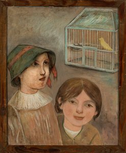 Duas meninas sob uma gaiola com um canário de Tadeusz Makowski