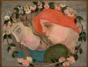 As duas cabeças das meninas numa guirlanda de flores de Tadeusz Makowski