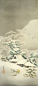 Cena na neve em Sawatari no distrito de Joshu, por volta de 1930, por Takahashi Shotei (1871-1945), xilogravura em forma de o-tanzaku, 38,1 x 17,1 cm, civilização japonesa, período Meiji-Showa de Takahashi Shotei