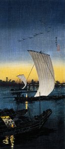 Vista noturna Sekiyado, c.1930 (O-tanzaku woodcut)