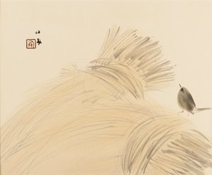 Woodblock print - Wren on corn stook, final do século XIX - início do século XX de Takeuchi Seiko