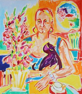 Auto-retrato com um gato violeta, inspirado em Max Beckmann, óleo sobre tela, 2024 de Tamara Jare