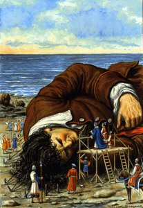 Ilustração para a história A Viagem de Gulliver de Jonathan Swift (1667 - 1745). Os habitantes de Lilliput amarram o gigante Gulliver. Desenho de Tancredi Scarpelli, século XX. de Tancredi Scarpelli