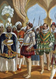 O navegador português Pedro Álvares Cabral (1460-1526) na corte do rei (Zamorin) de Calicut (Kozhikode) em 13/09/1500 para negociar o estabelecimento de um balcão, Índia (navegador português Pedro Álvares Cabral a negociar com o Zamorin em Cali de Tancredi Scarpelli