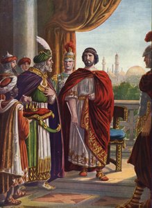 Antiquite romana: Imperador Juliano o Apóstata (Juliano o Filósofo ou Juliano II) vitorioso pelo Rei Persa Shapur II em 363 DC" (Imperador Romano Juliano o Apóstata (Juliano o Filósofo) e Rei da Pérsia Shapur II, 363 DC) Ilustração de Tancre de Tancredi Scarpelli