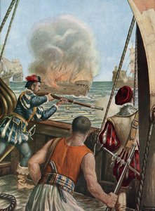 Segunda expedição à Índia (1502-1503) "Batalha naval entre a frota portuguesa de Vasco de Gama e a de Calicut, os portugueses despedem o navio muçulmano Miri carregam os pelerins que regressam de Meca, 3/10/1502" (segunda viagem de Vasco de Gama (1502-1503 de Tancredi Scarpelli