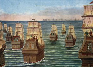 A Batalha de Cannanor teve lugar em Março de 1506 ao largo do porto de Cannanore, na Índia, entre a frota indiana do Samorin de Calicut e uma frota portuguesa sob Lourenco de Almeida, filho do Vice-rei Almeida) Ilustração de Tancredi Scarpelli em " de Tancredi Scarpelli