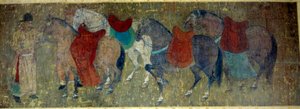 Arte chinesa: "dois palefreniers conduzindo quatro cavalos num estábulo imperioso" Fragmento de um rolo de tinta de seda atribuído a Han Kan, pintor da corte do Imperador Hiuan tsong (712-756). Período Tang. Dim. 50x141 cm Paris musee Cernuschi de Tang Dynasty Chinese School