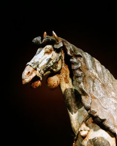 Detalhe de um cavalo, final do século VII - início do século VIII (barro com vestígios de pigmento e dourado) de Tang Dynasty Chinese School